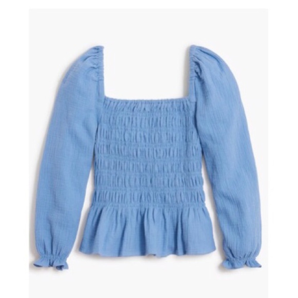 Smocked Square-Neck Long-Sleeve Top in Light Blue